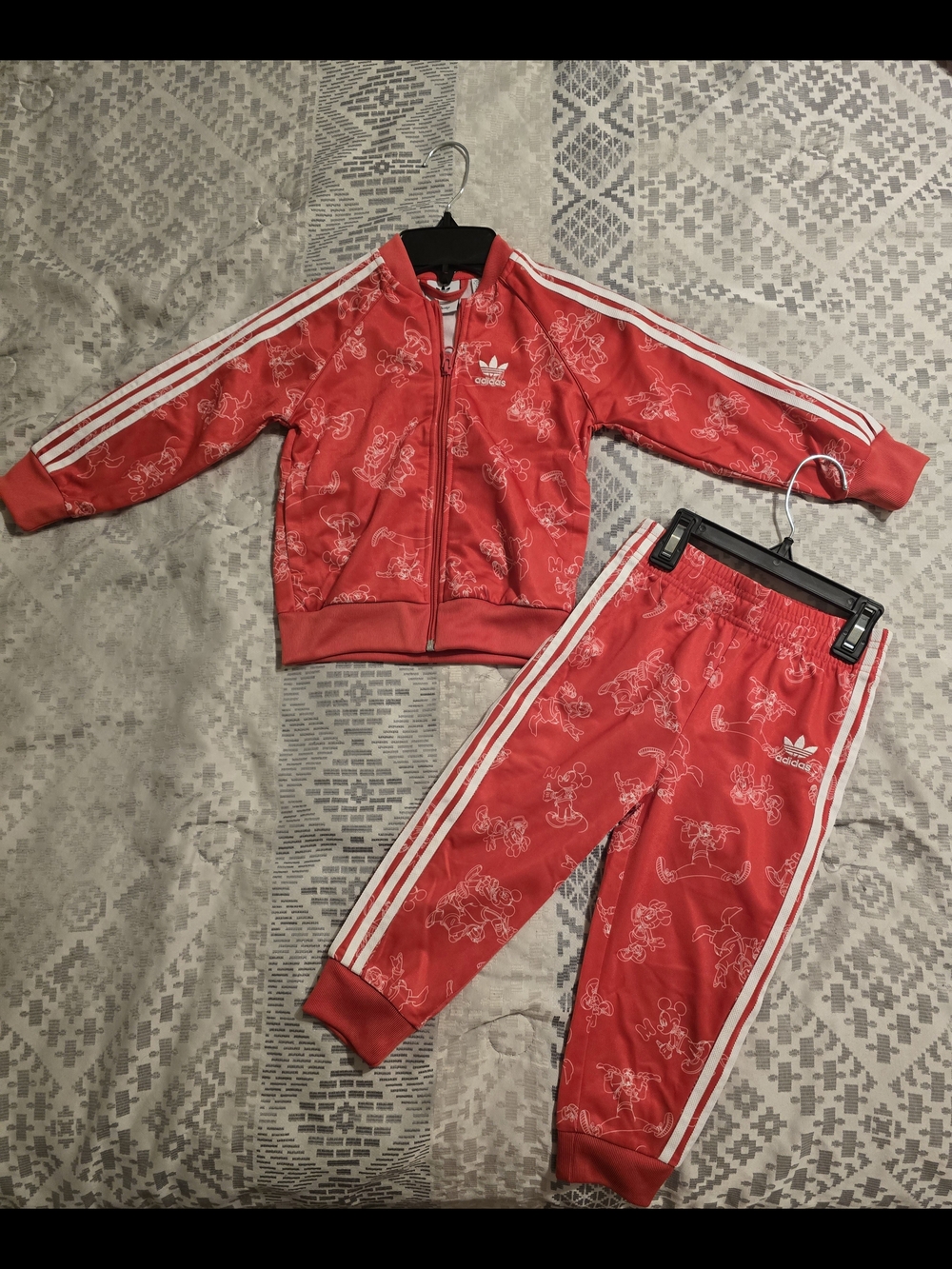 Adidas Red Kids Tracksuit with White Stripe & Playful Print